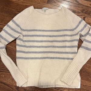 Neiman Marcus 100% Cashmere Boat Neck Sweater Cream with Gray Stripes Size Large